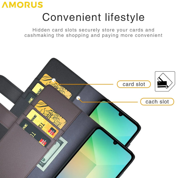 AMORUS For Samsung Galaxy A06 4G / 5G Stand Cases Calf Texture Genuine Split Leather Wallet Phone Cover - Black - 7