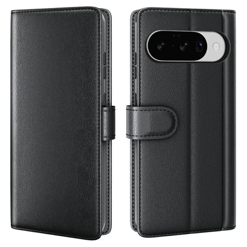 AMORUS For Google Pixel 10 / Pixel 10 Pro Stand Cases Calf Texture Genuine Split Leather Wallet Phone Cover - Black - 1