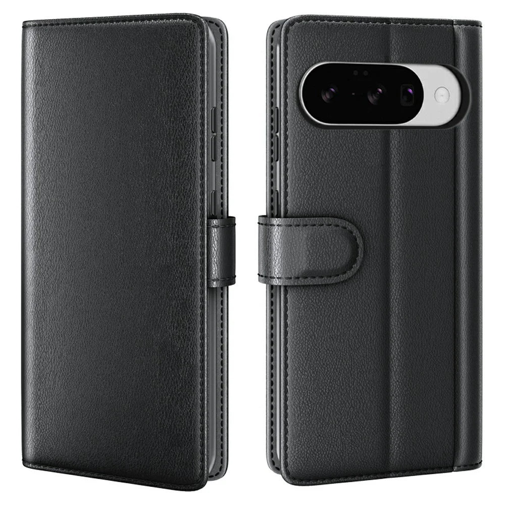 AMORUS For Google Pixel 10 / Pixel 10 Pro Stand Cases Calf Texture Genuine Split Leather Wallet Phone Cover - Black - 1