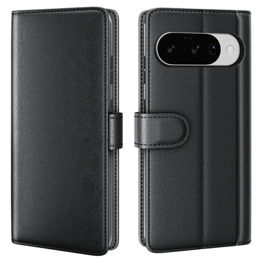 AMORUS For Google Pixel 10 / Pixel 10 Pro Stand Cases Calf Texture Genuine Split Leather Wallet Phone Cover - Black - 1
