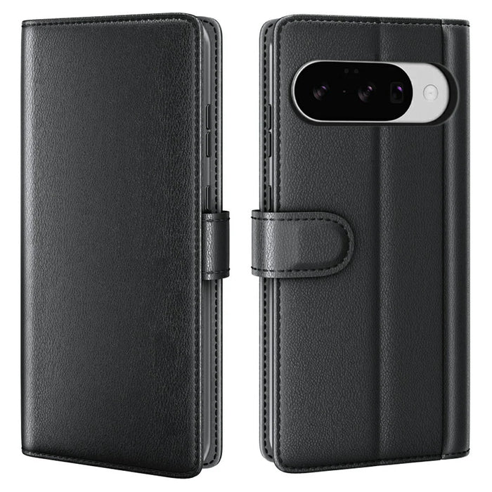 AMORUS For Google Pixel 10 / Pixel 10 Pro Stand Cases Calf Texture Genuine Split Leather Wallet Phone Cover - Black - 1