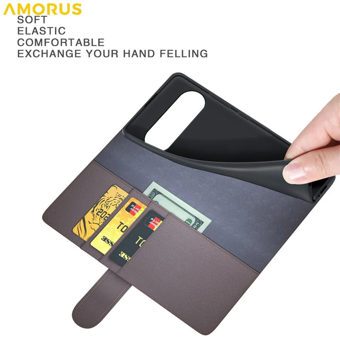 AMORUS For Google Pixel 10 / Pixel 10 Pro Stand Cases Calf Texture Genuine Split Leather Wallet Phone Cover - Black - 4
