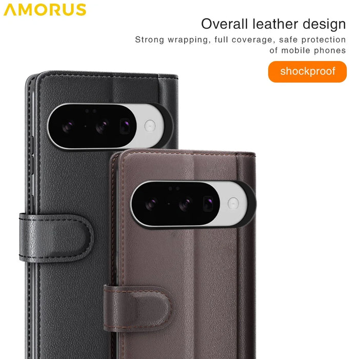 AMORUS For Google Pixel 10 / Pixel 10 Pro Stand Cases Calf Texture Genuine Split Leather Wallet Phone Cover - Black - 5