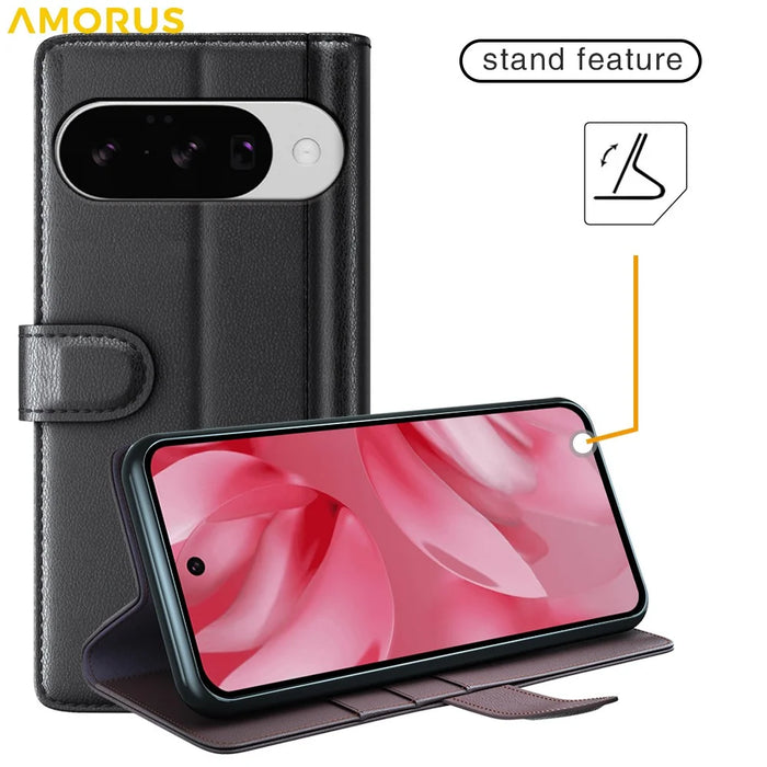AMORUS For Google Pixel 10 / Pixel 10 Pro Stand Cases Calf Texture Genuine Split Leather Wallet Phone Cover - Black - 6