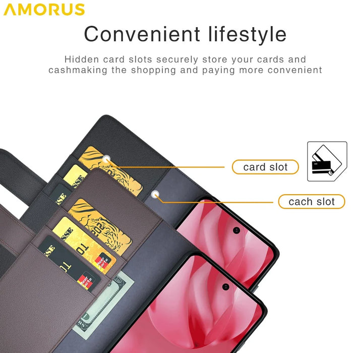 AMORUS For Google Pixel 10 / Pixel 10 Pro Stand Cases Calf Texture Genuine Split Leather Wallet Phone Cover - Black - 7