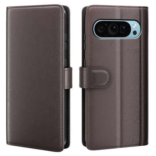 AMORUS For Google Pixel 9 / 9 Pro Stand Cases Calf Texture Genuine Split Leather Wallet Phone Cover - Brown - 1