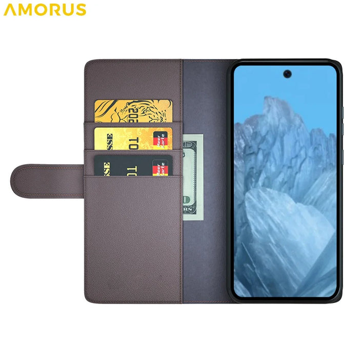 AMORUS For Google Pixel 9 / 9 Pro Stand Cases Calf Texture Genuine Split Leather Wallet Phone Cover - Brown - 2