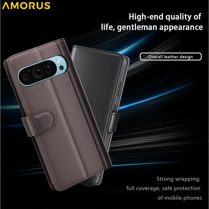 AMORUS For Google Pixel 9 / 9 Pro Stand Cases Calf Texture Genuine Split Leather Wallet Phone Cover - Brown - 4