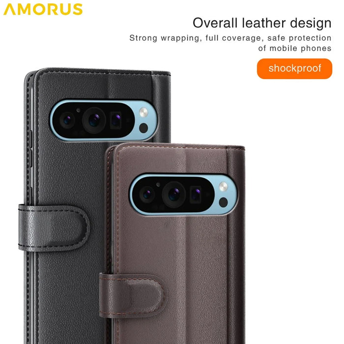 AMORUS For Google Pixel 9 / 9 Pro Stand Cases Calf Texture Genuine Split Leather Wallet Phone Cover - Brown - 5