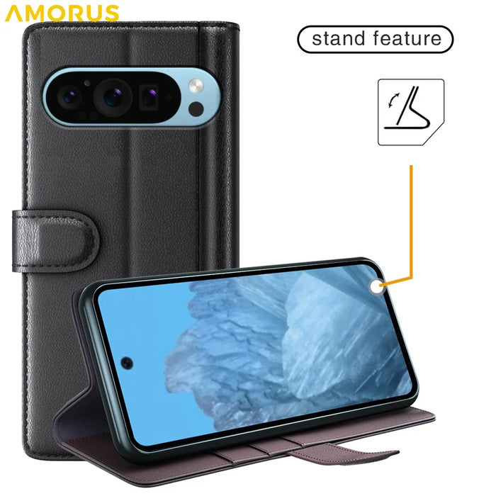 AMORUS For Google Pixel 9 / 9 Pro Stand Cases Calf Texture Genuine Split Leather Wallet Phone Cover - Brown - 6
