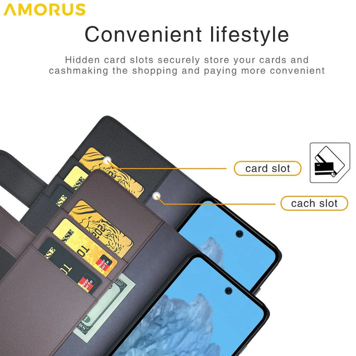 AMORUS For Google Pixel 9 / 9 Pro Stand Cases Calf Texture Genuine Split Leather Wallet Phone Cover - Brown - 7