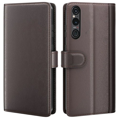 AMORUS For Sony Xperia 1 VI Stand Cases Calf Texture Genuine Split Leather Wallet Phone Cover - Brown - 1