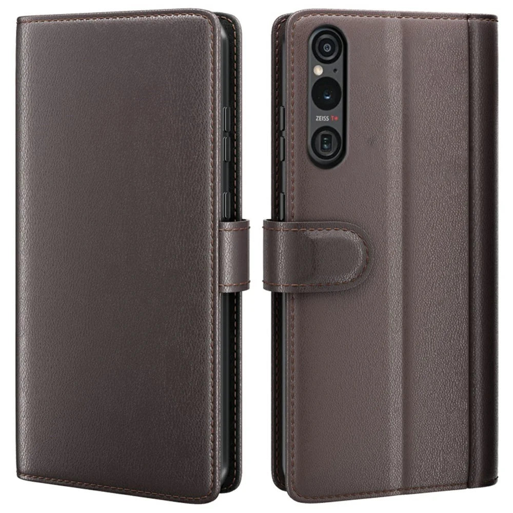 AMORUS For Sony Xperia 1 VI Stand Cases Calf Texture Genuine Split Leather Wallet Phone Cover - Brown - 1