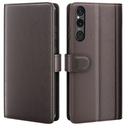AMORUS For Sony Xperia 1 VI Stand Cases Calf Texture Genuine Split Leather Wallet Phone Cover - Brown - 1
