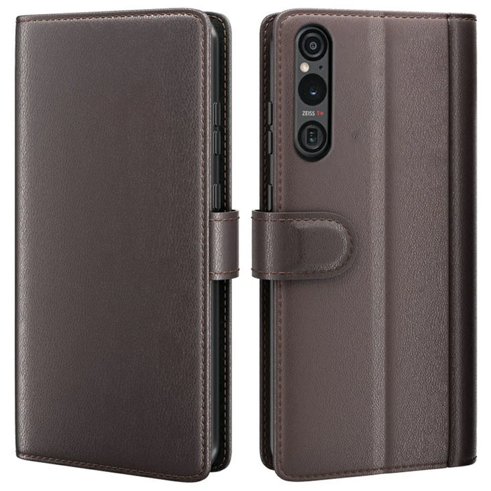 AMORUS For Sony Xperia 1 VI Stand Cases Calf Texture Genuine Split Leather Wallet Phone Cover - Brown - 1