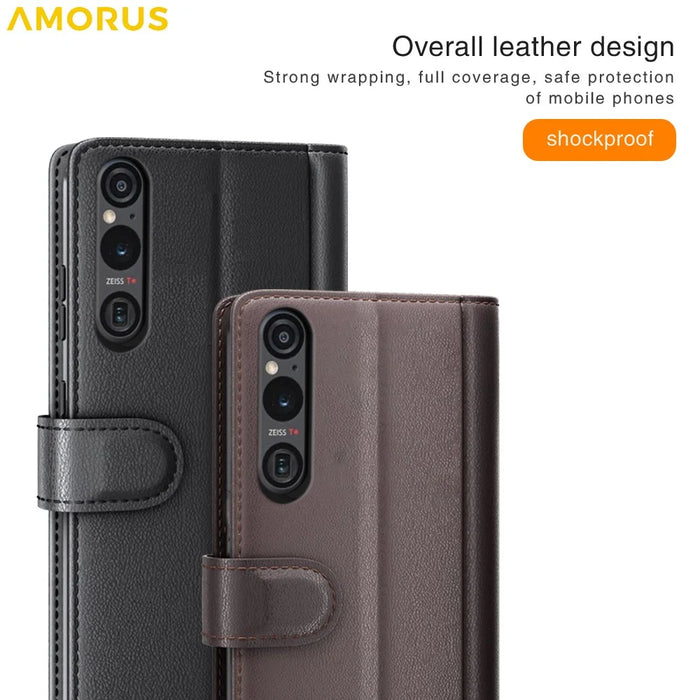 AMORUS For Sony Xperia 1 VI Stand Cases Calf Texture Genuine Split Leather Wallet Phone Cover - Brown - 6