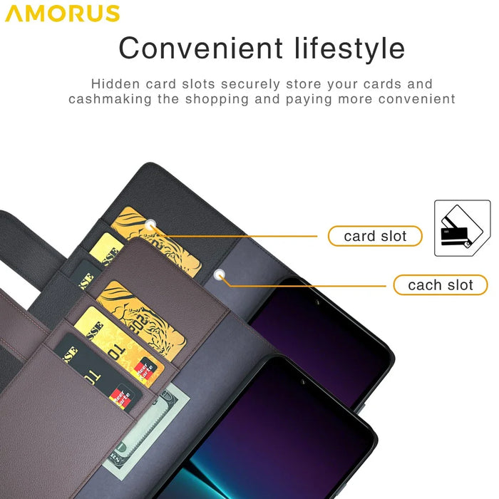 AMORUS For Sony Xperia 1 VI Stand Cases Calf Texture Genuine Split Leather Wallet Phone Cover - Brown - 7