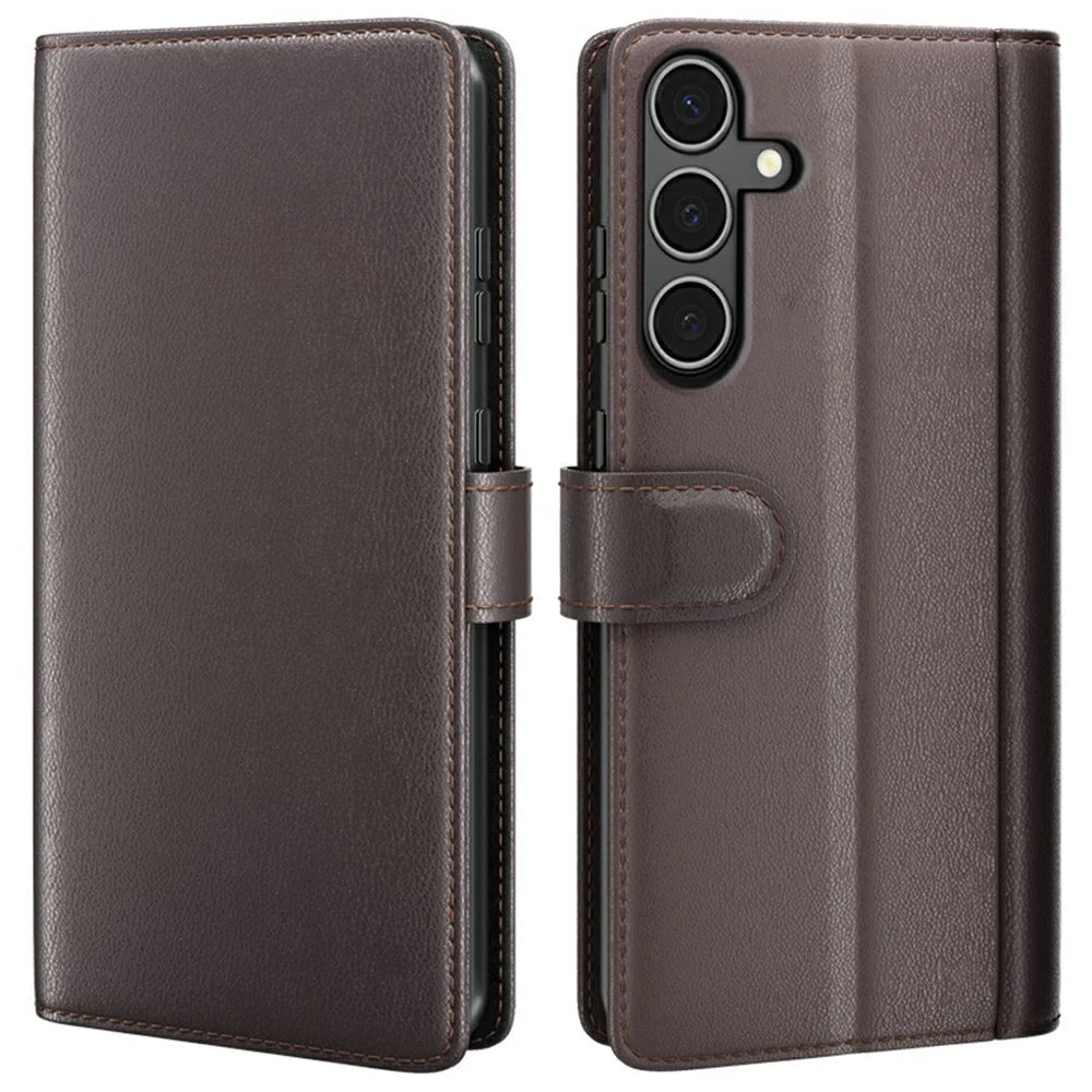 AMORUS For Samsung Galaxy A34 5G Stand Cases Calf Texture Genuine Split Leather Wallet Phone Cover - Brown - 1