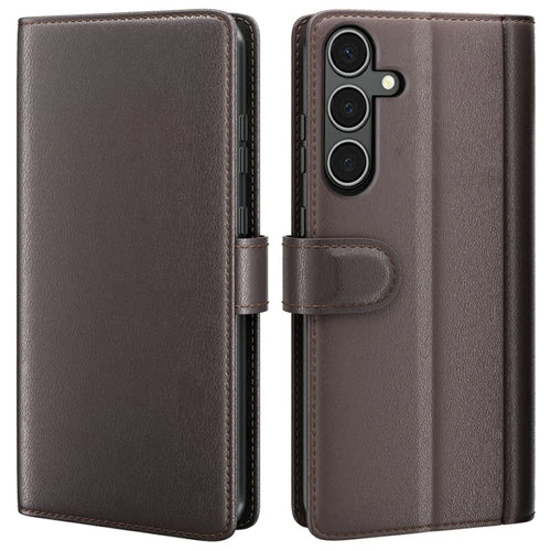 AMORUS For Samsung Galaxy A34 5G Stand Cases Calf Texture Genuine Split Leather Wallet Phone Cover - Brown - 1