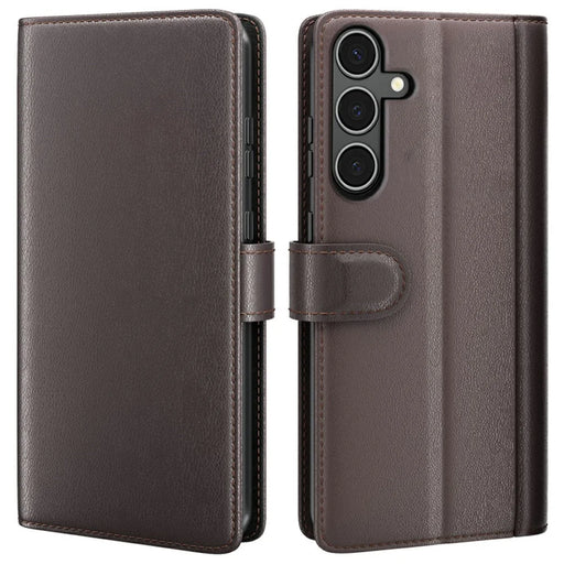 AMORUS For Samsung Galaxy A34 5G Stand Cases Calf Texture Genuine Split Leather Wallet Phone Cover - Brown - 1