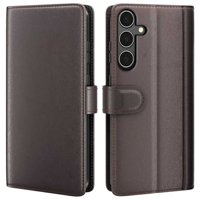 AMORUS For Samsung Galaxy A34 5G Stand Cases Calf Texture Genuine Split Leather Wallet Phone Cover - Brown - 1