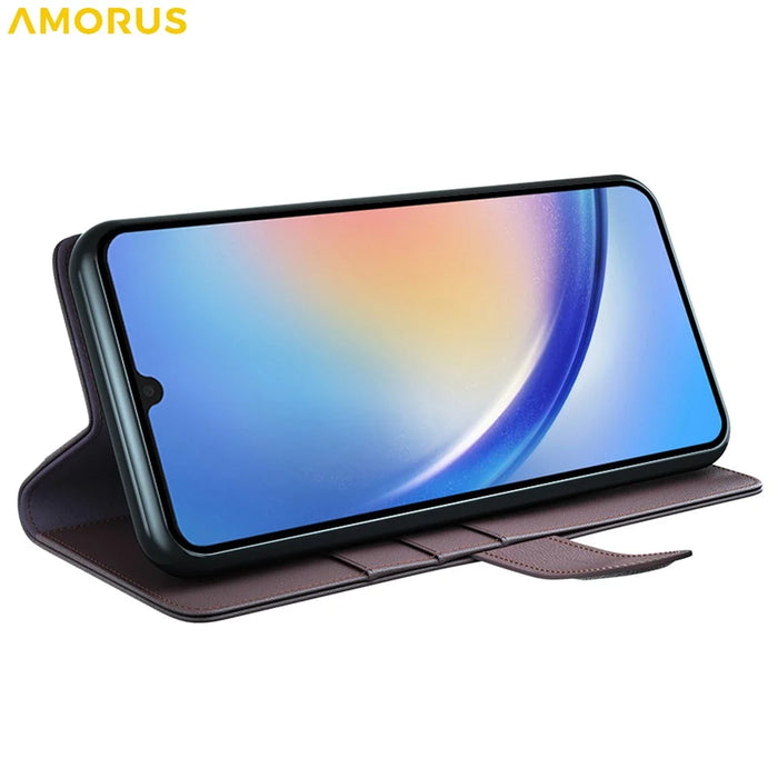 AMORUS For Samsung Galaxy A34 5G Stand Cases Calf Texture Genuine Split Leather Wallet Phone Cover - Brown - 3
