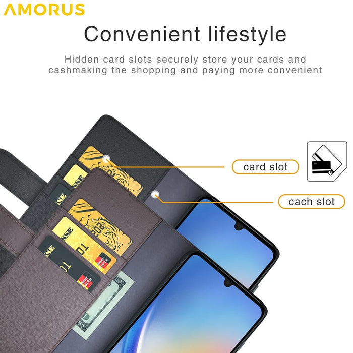 AMORUS For Samsung Galaxy A34 5G Stand Cases Calf Texture Genuine Split Leather Wallet Phone Cover - Brown - 7