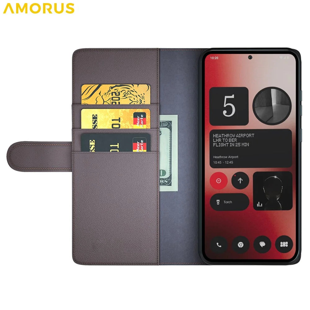 AMORUS For Nothing Phone (2a) Plus / (2a) Stand Cases Calf Texture Genuine Split Leather Wallet Phone Cover - Brown - 2
