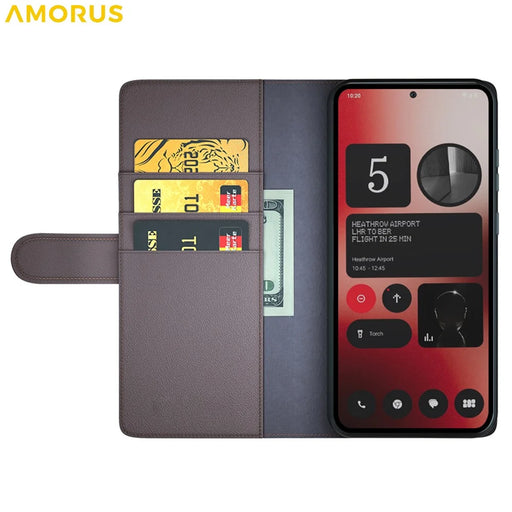 AMORUS For Nothing Phone (2a) Plus / (2a) Stand Cases Calf Texture Genuine Split Leather Wallet Phone Cover - Brown - 2