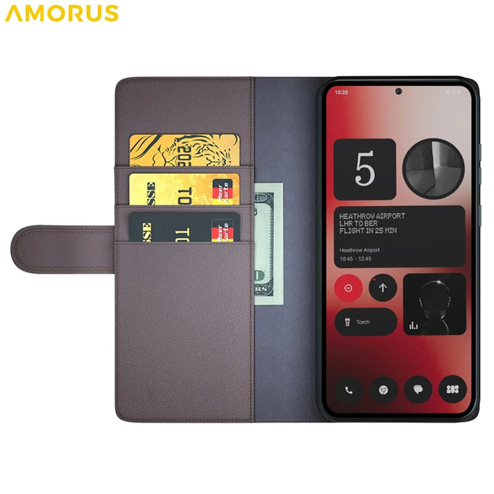 AMORUS For Nothing Phone (2a) Plus / (2a) Stand Cases Calf Texture Genuine Split Leather Wallet Phone Cover - Brown - 2