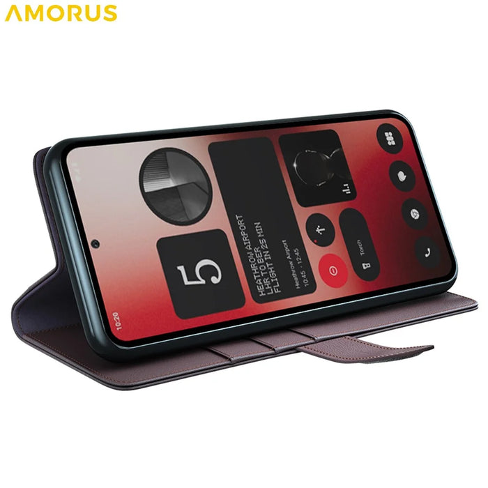 AMORUS For Nothing Phone (2a) Plus / (2a) Stand Cases Calf Texture Genuine Split Leather Wallet Phone Cover - Brown - 3
