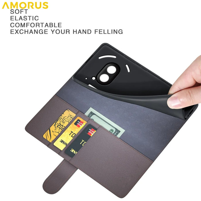AMORUS For Nothing Phone (2a) Plus / (2a) Stand Cases Calf Texture Genuine Split Leather Wallet Phone Cover - Brown - 5
