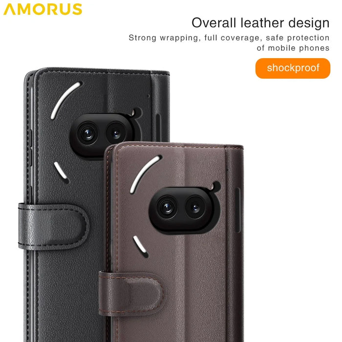 AMORUS For Nothing Phone (2a) Plus / (2a) Stand Cases Calf Texture Genuine Split Leather Wallet Phone Cover - Brown - 6
