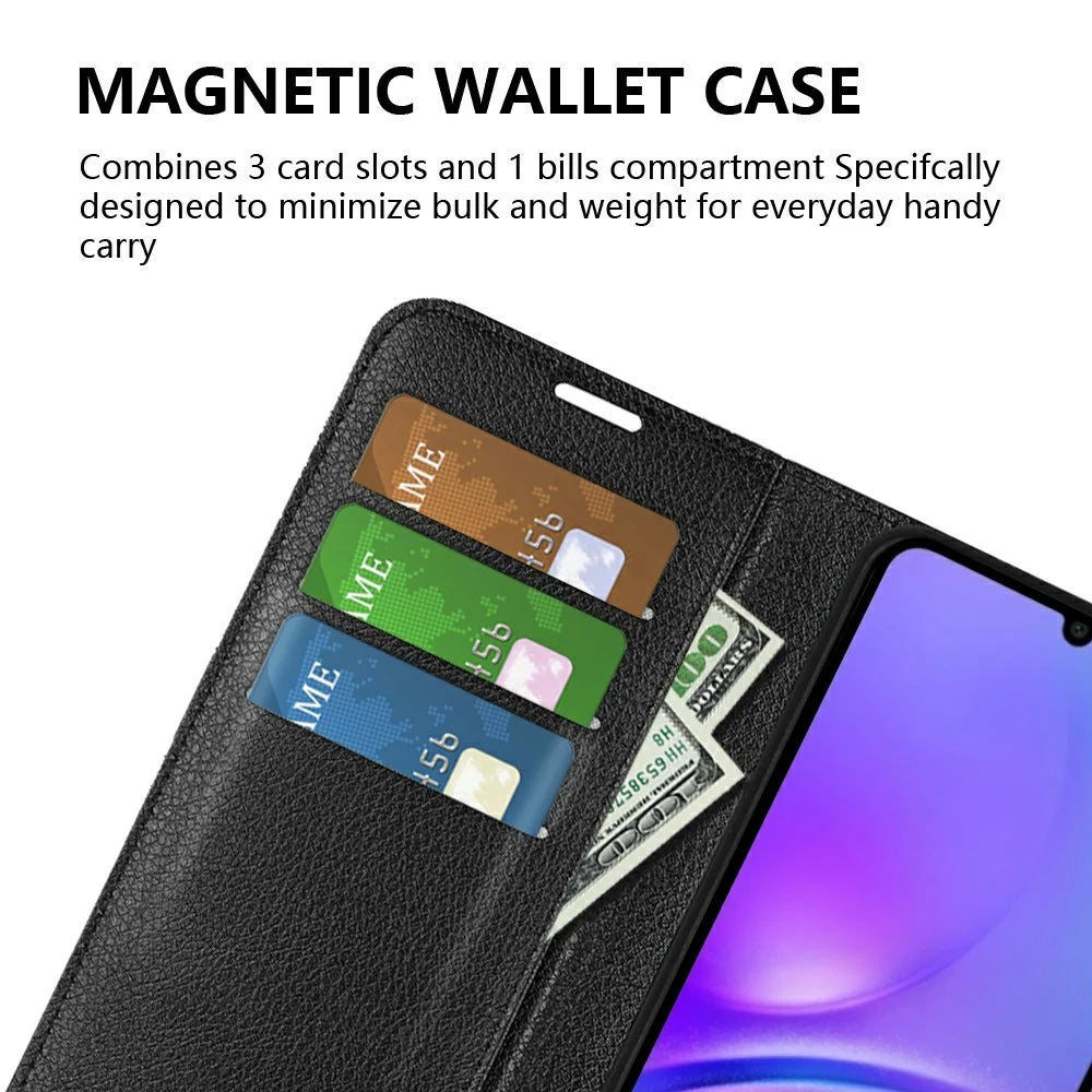 AMORUS For Samsung Galaxy A08 5G / A08 4G / A07 4G / F07 4G / M07 4G Wallet Case Litchi Texture Shockproof Leather Flip Stand Phone Cover - Black - 5