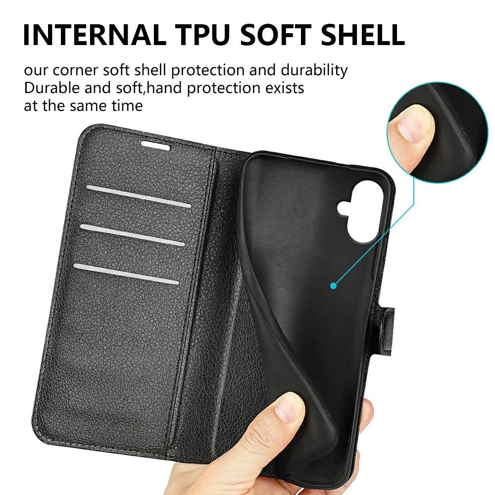 AMORUS For Samsung Galaxy A08 5G / A08 4G / A07 4G / F07 4G / M07 4G Wallet Case Litchi Texture Shockproof Leather Flip Stand Phone Cover - Black - 6