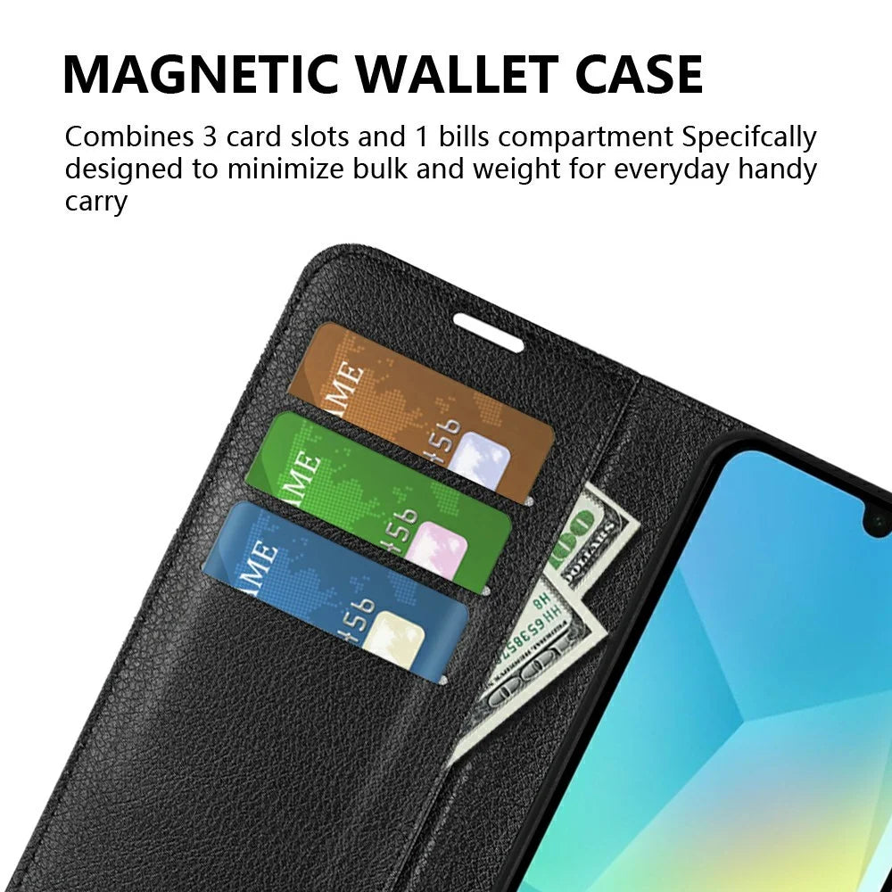AMORUS For Samsung Galaxy A18 5G / A18 4G / A17 5G / 4G / F17 5G / M17 5G Wallet Case Litchi Texture Shockproof Leather Flip Stand Phone Cover - Black - 5