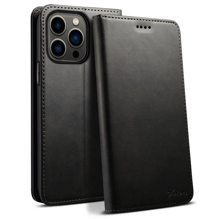 SUTENI Wallet Stand Phone Case for iPhone 14 Pro Max, Anti-scratch PU Leather Magnetic Closure Inner TPU Cover - Black - 1