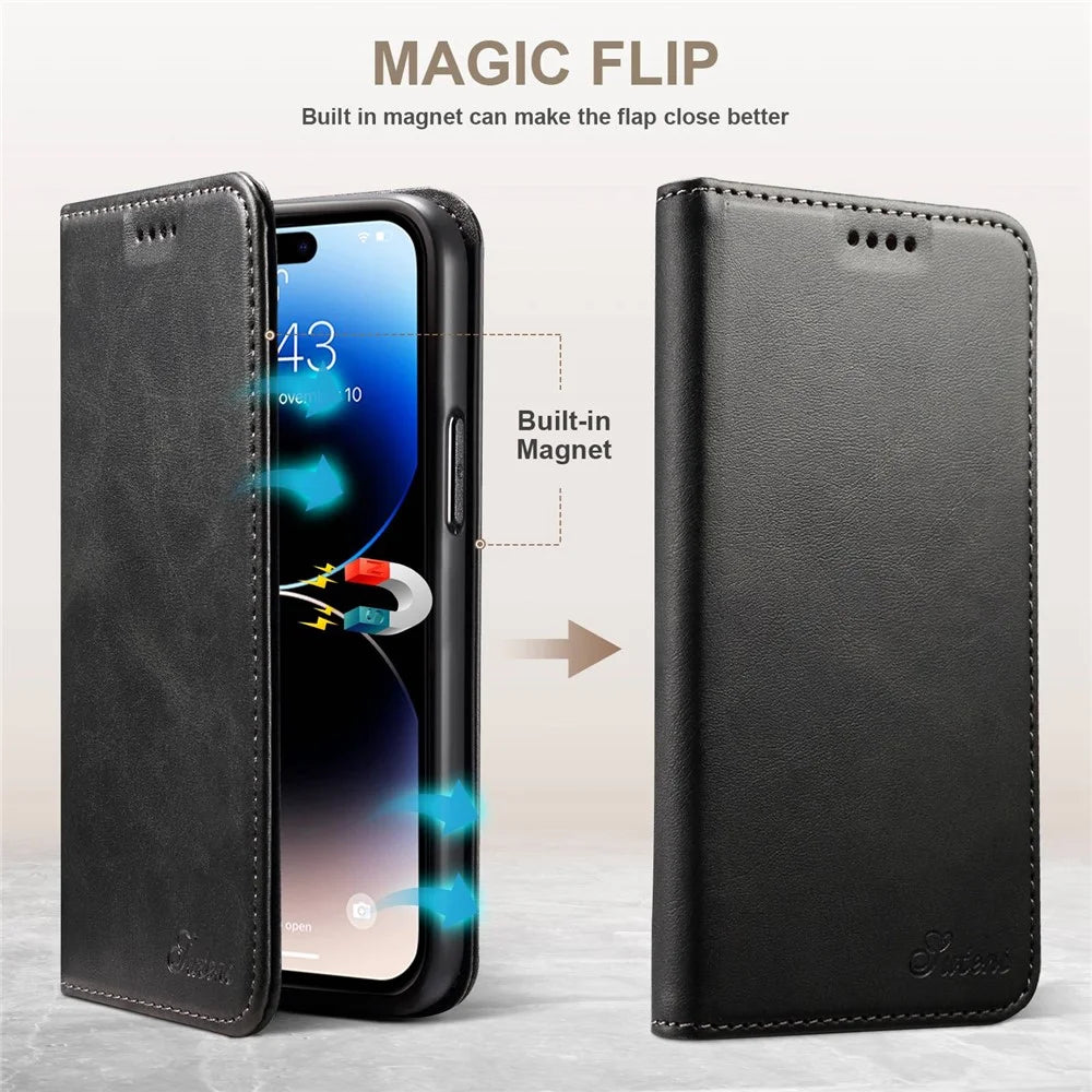 SUTENI Wallet Stand Phone Case for iPhone 14 Pro Max, Anti-scratch PU Leather Magnetic Closure Inner TPU Cover - Black - 3