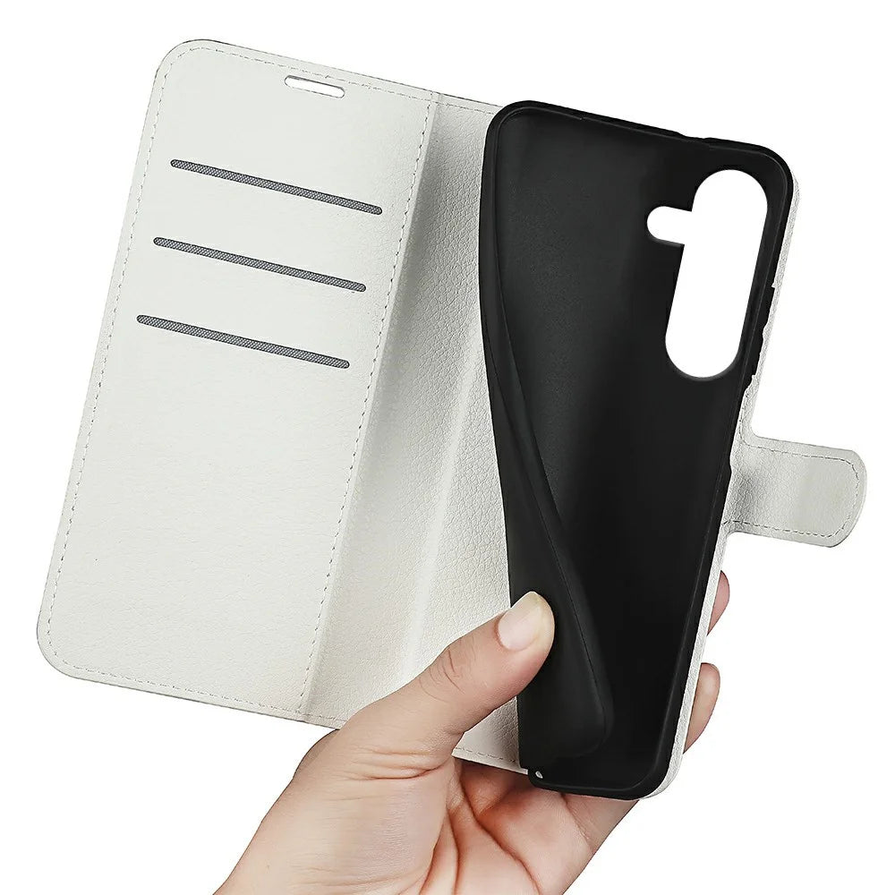 AMORUS For Samsung Galaxy S25 FE Wallet Case Litchi Texture Shockproof Leather Flip Stand Phone Cover - White - 4