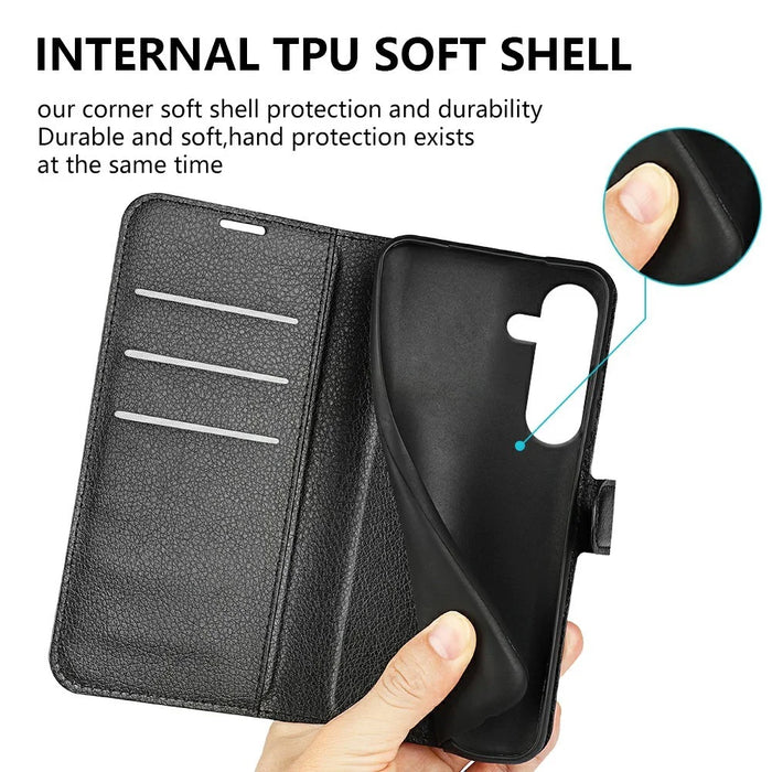 AMORUS For Samsung Galaxy S25 FE Wallet Case Litchi Texture Shockproof Leather Flip Stand Phone Cover - White - 6