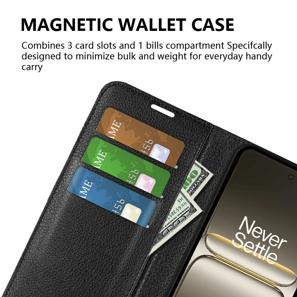 AMORUS For OnePlus Nord 5 5G  /  Ace 5 Ultra 5G Wallet Case Litchi Texture Shockproof Leather Flip Stand Phone Cover - Black - 5