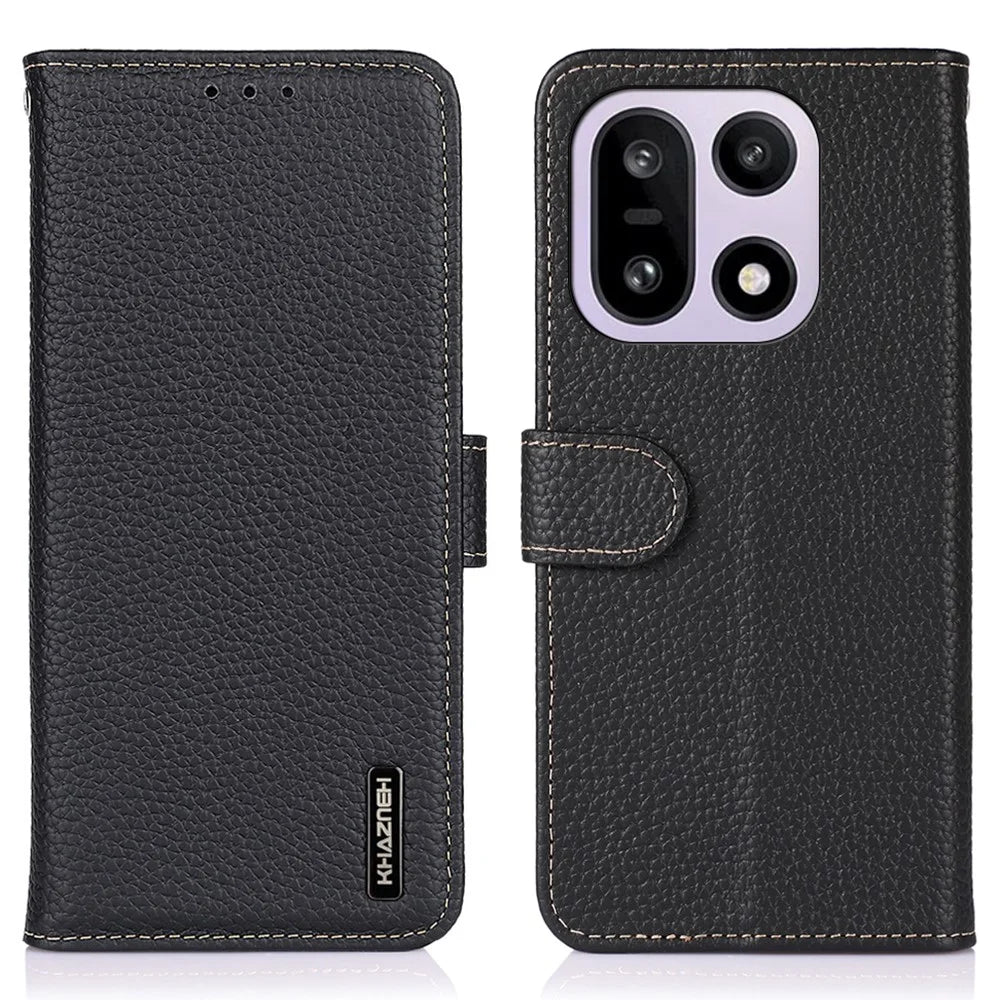 KHAZNEH For OnePlus 15 5G Case Genuine Cow Leather Flip Phone Cover - Black - 1
