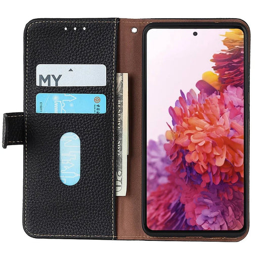 KHAZNEH For OnePlus 15 5G Case Genuine Cow Leather Flip Phone Cover - Black - 2