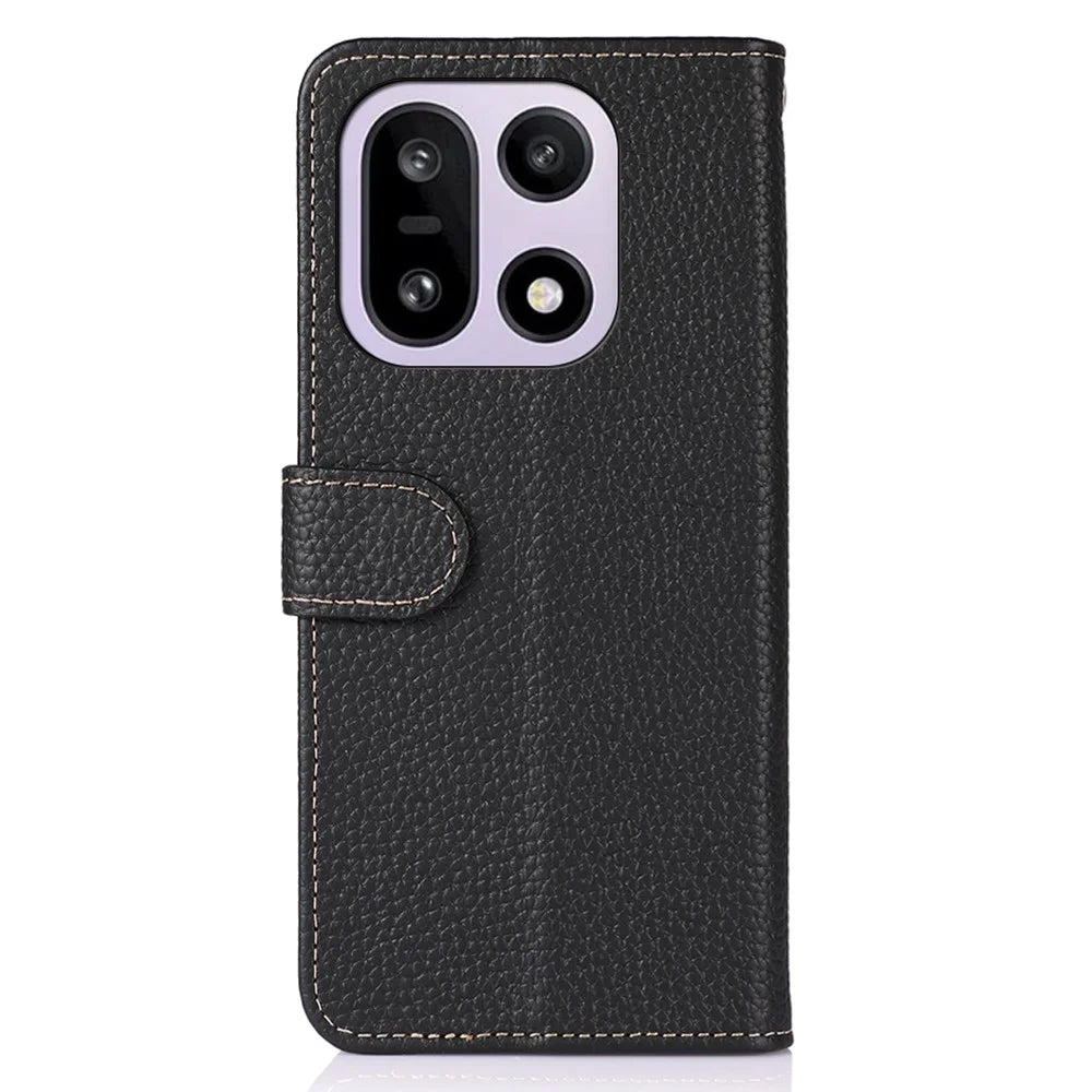 KHAZNEH For OnePlus 15 5G Case Genuine Cow Leather Flip Phone Cover - Black - 7