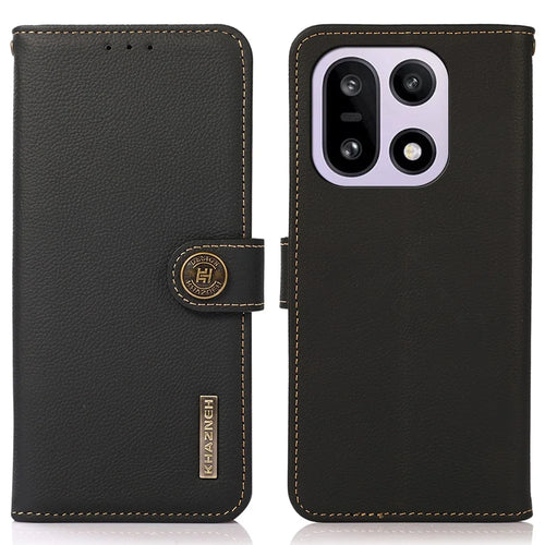 KHAZNEH for OnePlus 15 5G Case Genuine Cow Leather RFID Blocking Wallet Phone Cover - Black - 1