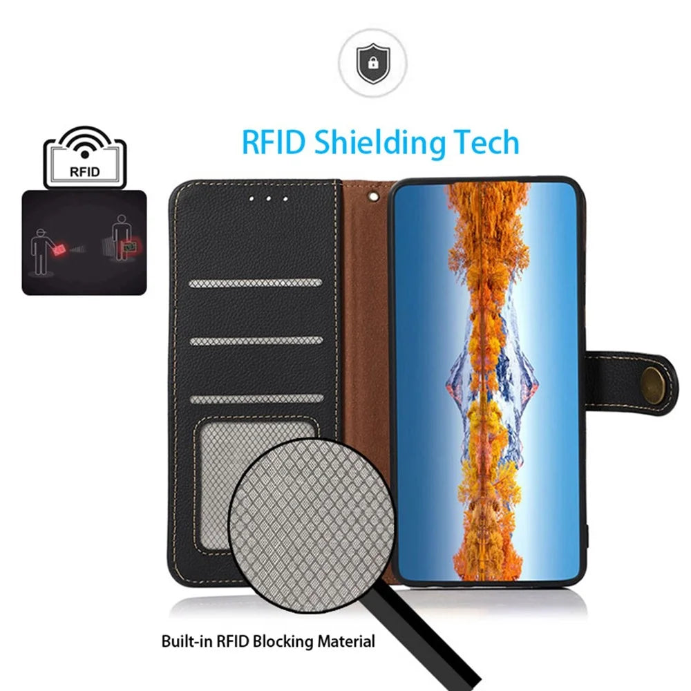 KHAZNEH for OnePlus 15 5G Case Genuine Cow Leather RFID Blocking Wallet Phone Cover - Black - 2