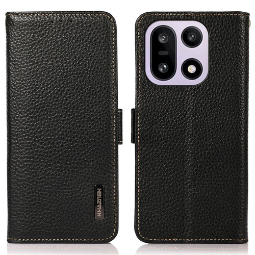 KHAZNEH for OnePlus 15 5G Phone Case Genuine Cow Leather Cover RFID Blocking - Black - 1