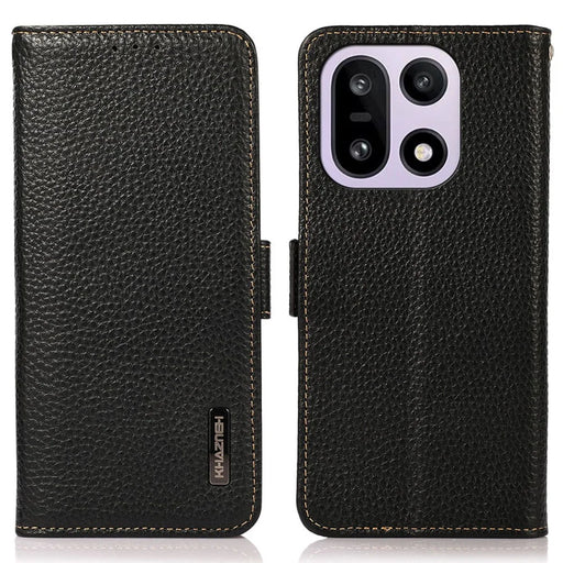 KHAZNEH for OnePlus 15 5G Phone Case Genuine Cow Leather Cover RFID Blocking - Black - 1