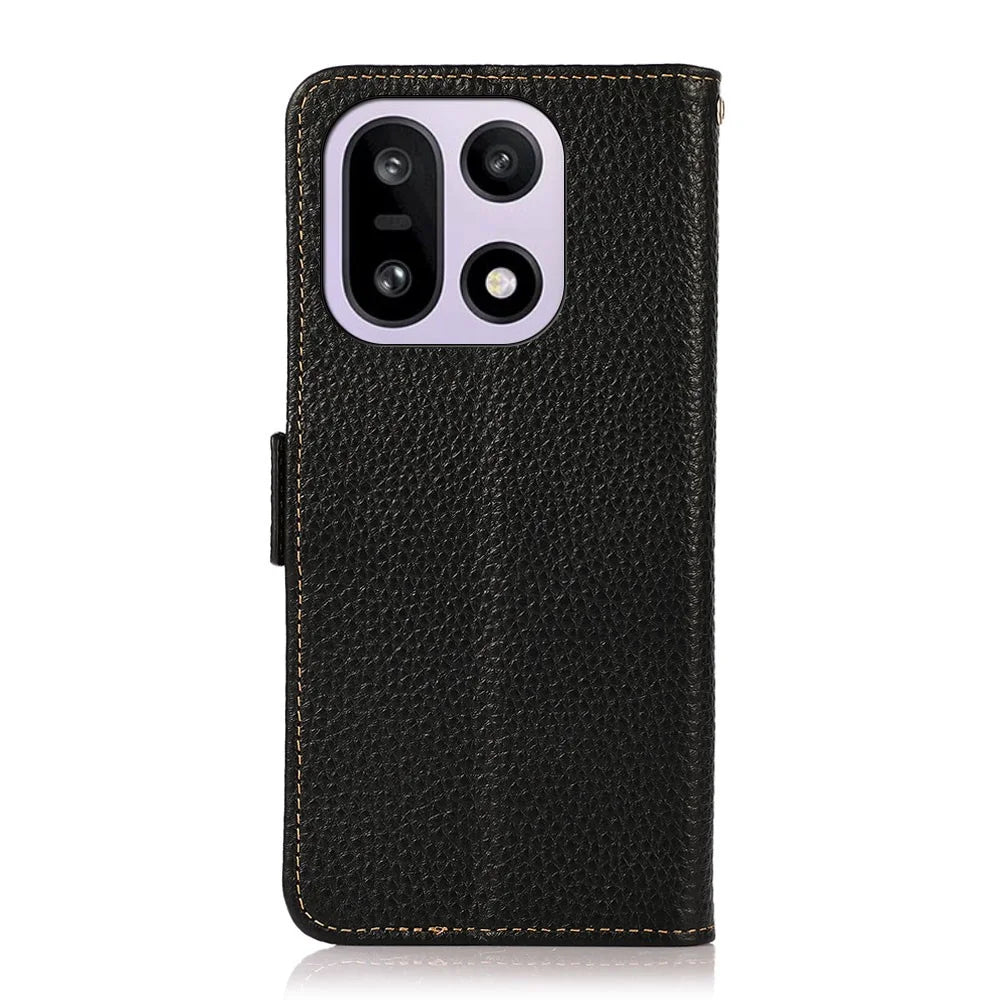 KHAZNEH for OnePlus 15 5G Phone Case Genuine Cow Leather Cover RFID Blocking - Black - 7