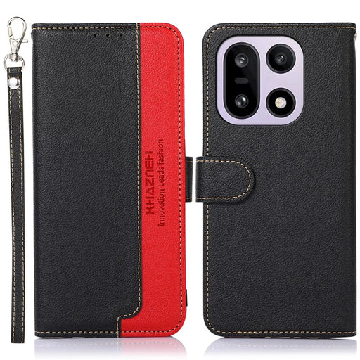 KHAZNEH For OnePlus 15 5G Case RFID Blocking Wallet Litchi Texture PU Leather Phone Cover with Strap - Black - 1